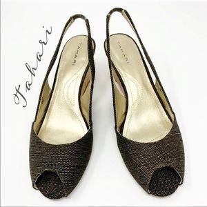 Tahari Womens Metallic Gold Leola Open Toe Wedge